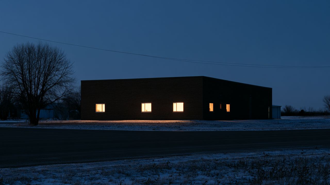 The community hall at dusk, a low brick building against a deep blue winter sky, four lit windows and a lit doorway throwing light onto the snow.