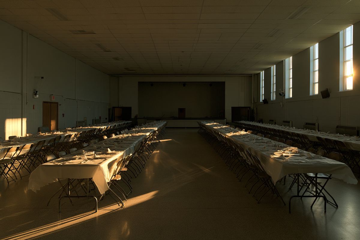 The banquet hall laid out with long tables and folding chairs before a community supper, late afternoon light coming through the high windows.