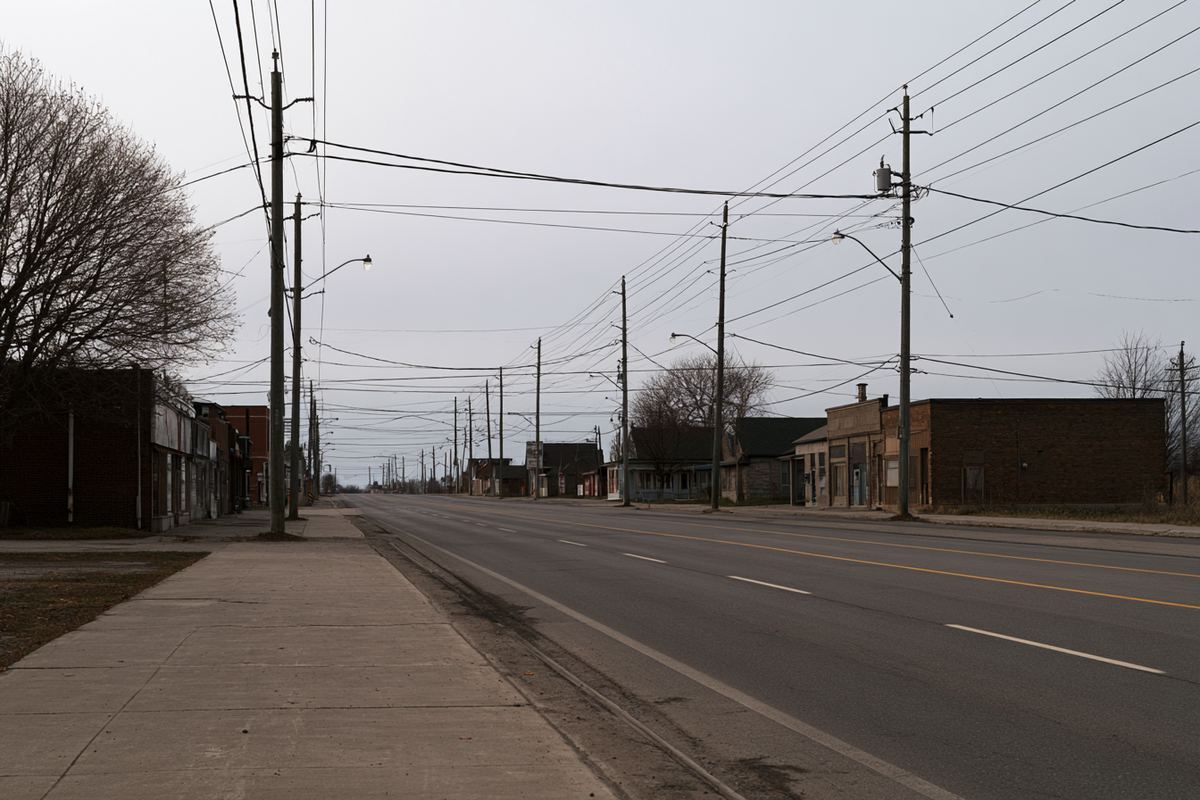 The wide main street of a small eastern Ontario village: low brick storefronts, hydro poles and an empty road under grey cloud.